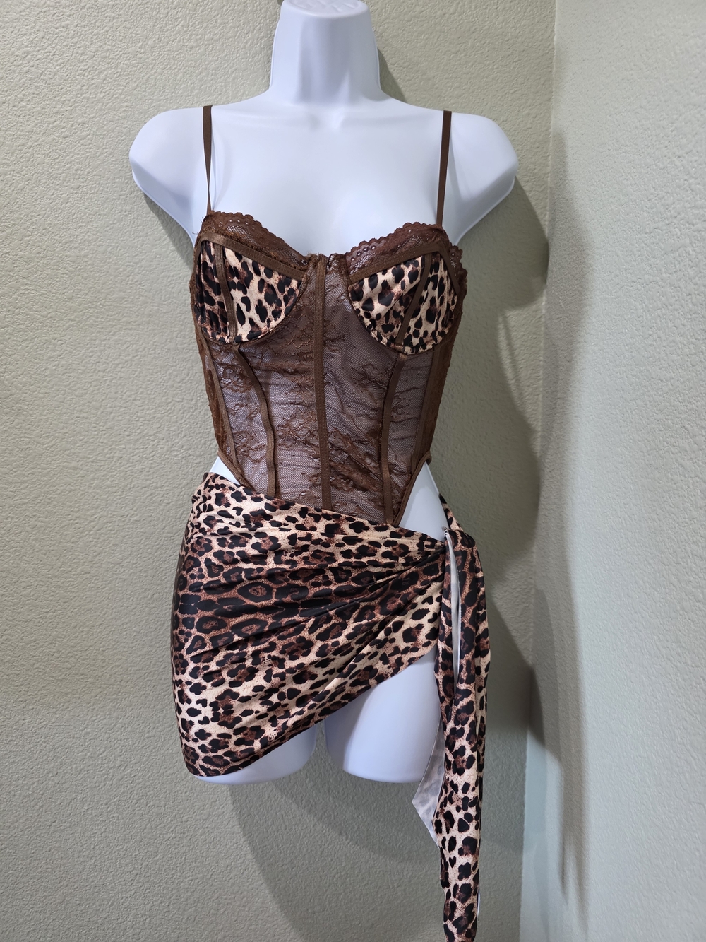 Leopard Print Lace Bustier with Matching Sarong — Brown